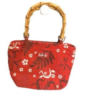 Kulo’ Ko Gear Hawaiian Handbag Bamboo Handles Red White Floral 9" x 8" x 4"